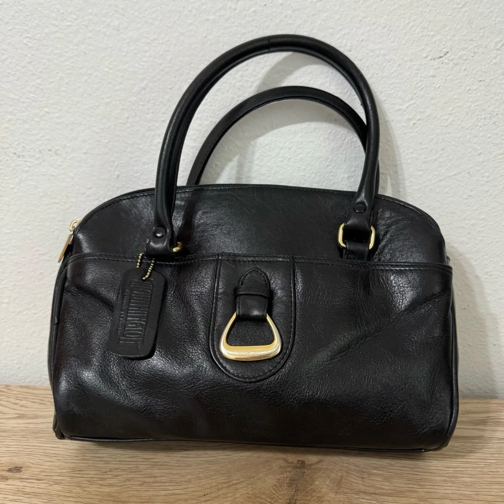Worthington Black Leather Handbag Double‎ Handle Vintage 90s Y2K Gold Accents